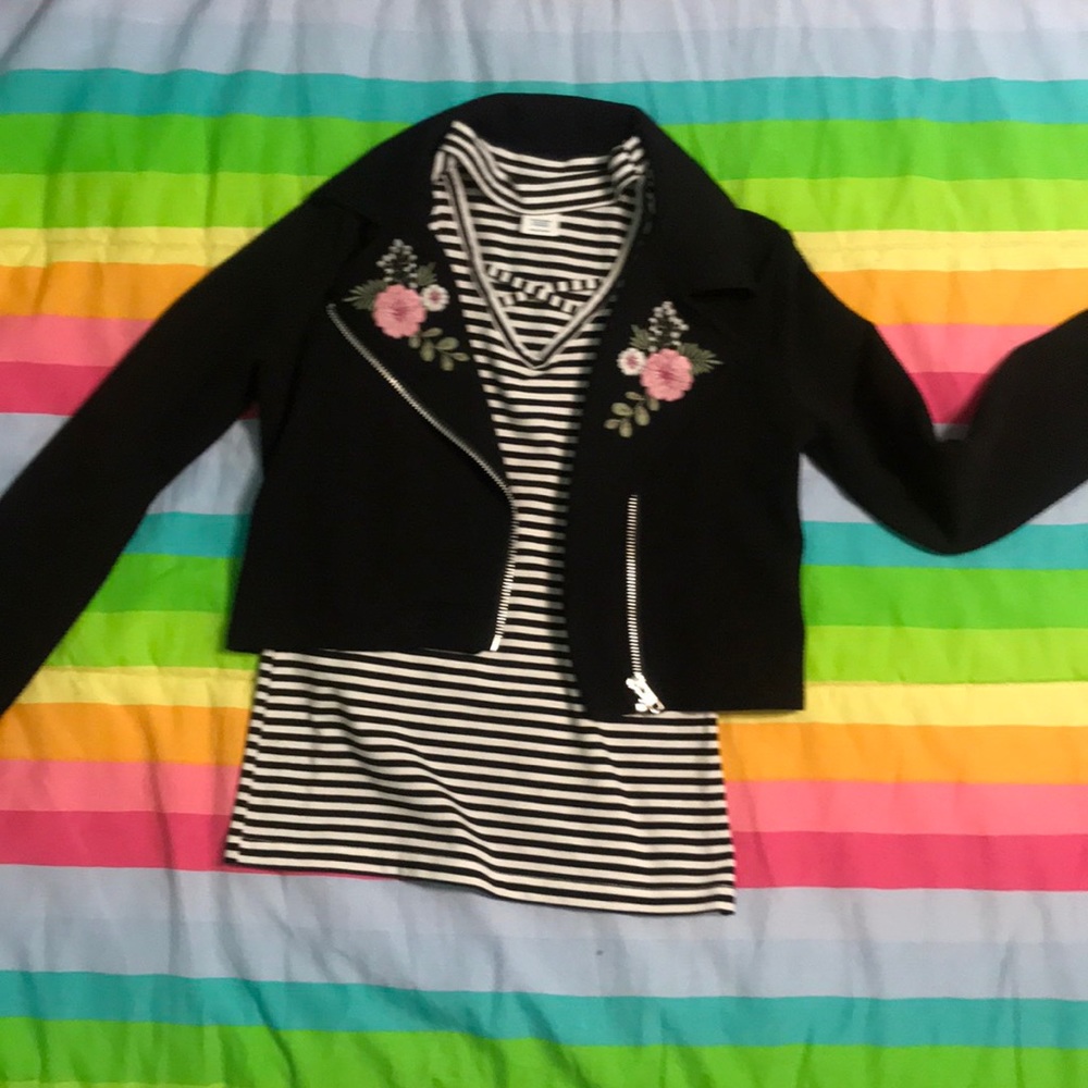 2 piece set. Striped tank and floral moto jacket.